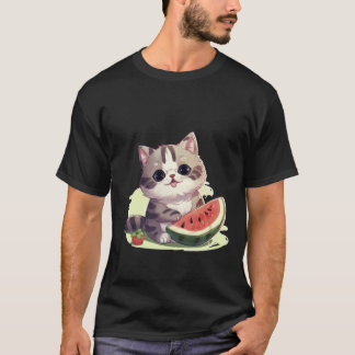 Söt Kawaii Katt med Vattenmelon Sommar Konst ✨🐾🍉 T Shirt