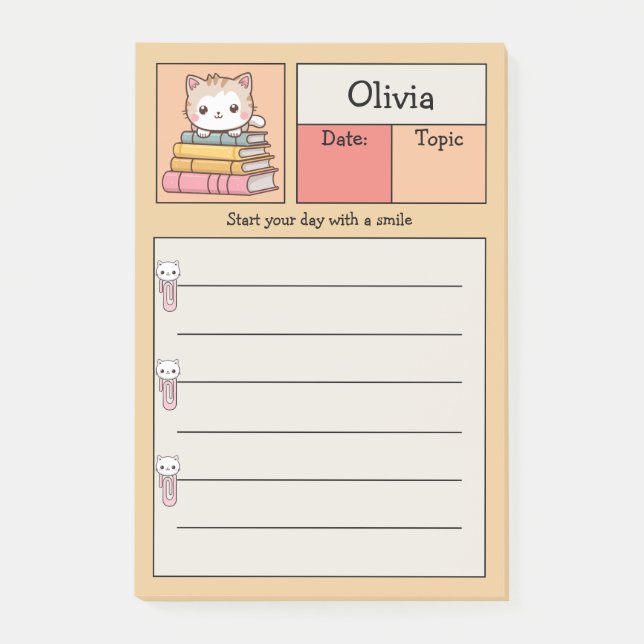 Söt Kawaii Katt På Böcker Personlig Post-it Block (Framsida)