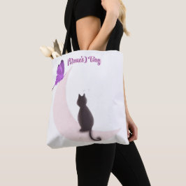 Söt Kawaii Katt på Månen med Fjäril Anpassad Tygkasse