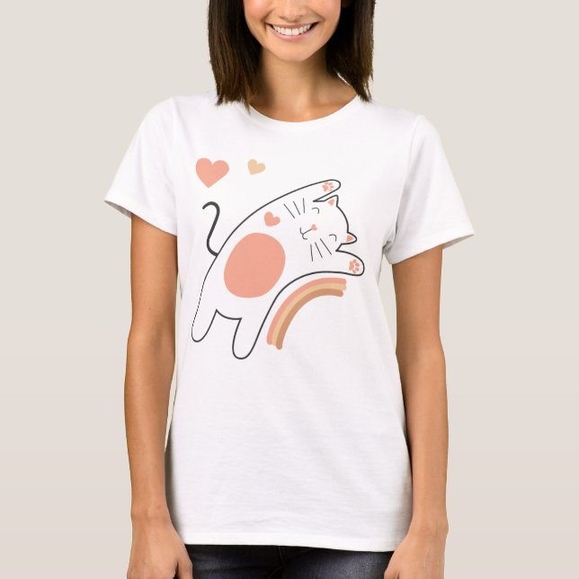 Söt Kawaii Katt Regnbåge T-Shirt (Framsida)