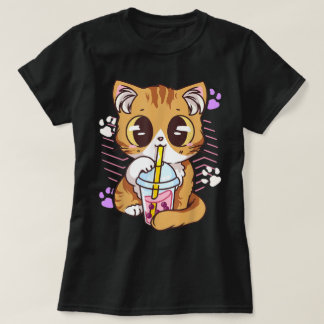 Söt Kawaii Katt som Dricker Boba Te T Shirt