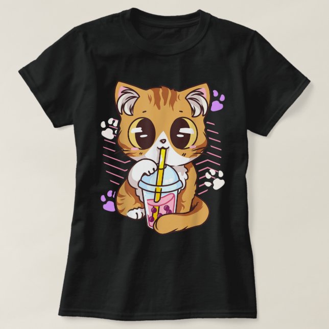 Söt Kawaii Katt som Dricker Boba Te T Shirt (Design framsida)