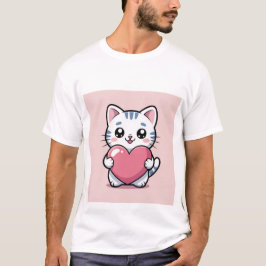 Söt Kawaii Katt som kramar jättestor rosa hjärta-s T Shirt