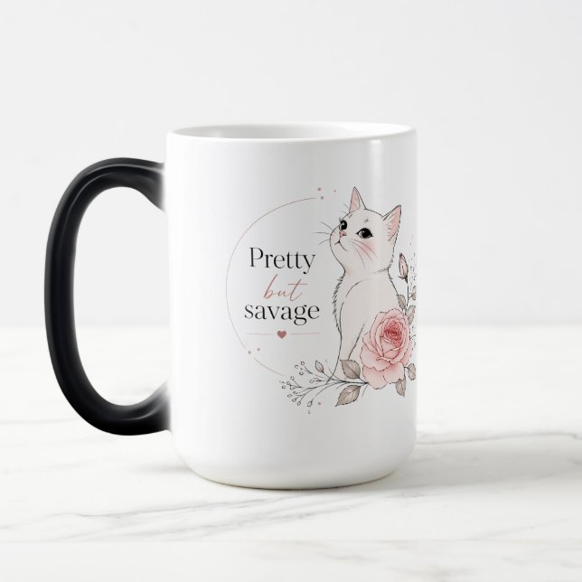 Söt Kawaii Katt "Söt men Vild" Blommig Kaffe  Magisk Mugg (Vänster)