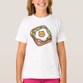 Söt Kawaii Katt Stekt Ägg på Toast Illustration T Shirt