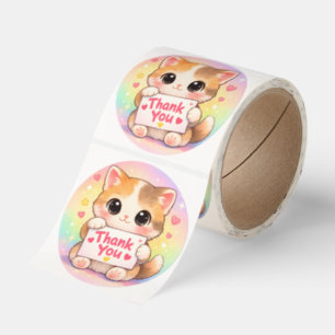 Söt Kawaii Katt Tack Sticker – Pastell Regnbåge Runt Klistermärke