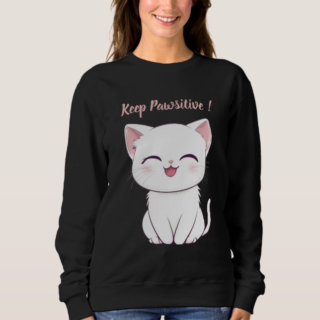 Söt Kawaii Katt Tröja – “Håll Klorna Positiva”  (Framsida)