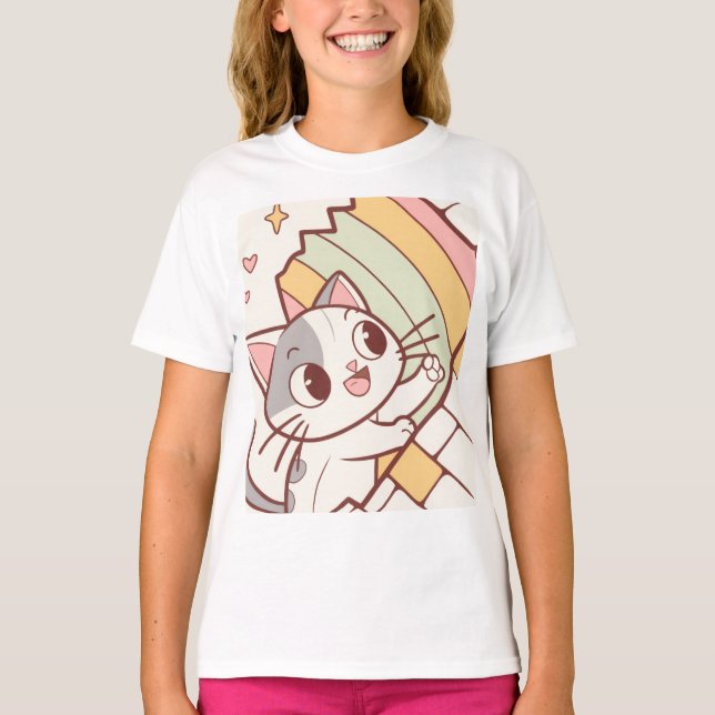 Söt Kawaii Katt Väggurklocka  T Shirt (Framsida)