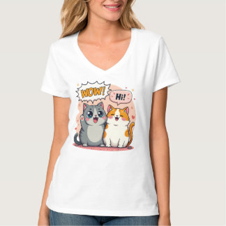 Söt Kawaii Katter Serieteckning Säger Wow och Hej T Shirt