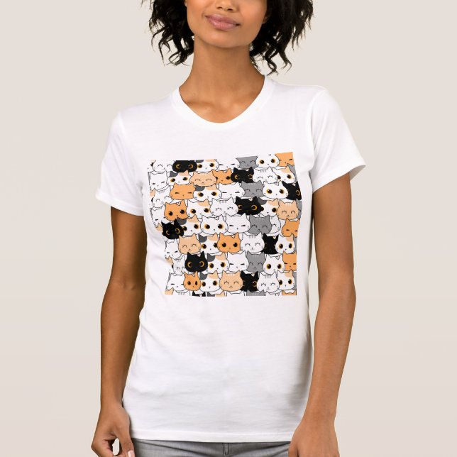 Söt Kawaii Kattmönster Mode Vit Crop Top T Shirt (Framsida)