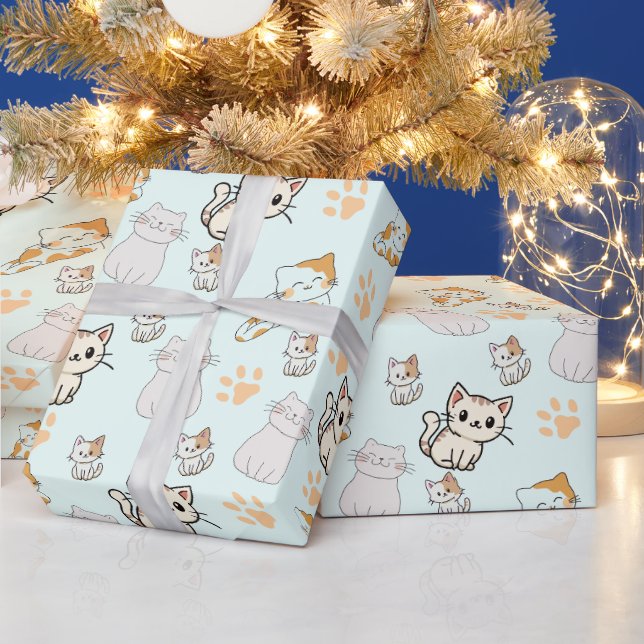 Söt Kawaii Kattungar & Tassmönster Inpackningspapp Presentpapper (Helgdagar)
