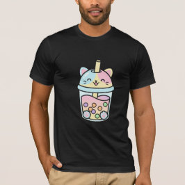 Söt Kawaii Kattunge Bubble Tea Kopp Leende Pastell T Shirt