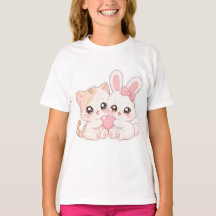 Söt Kawaii Kattunge och Kanin Bästa Vänner T-Shirt