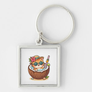 Söt Kawaii Kokos Katt Solglasögon Sommar BSticker Fyrkantig Silverfärgad Nyckelring