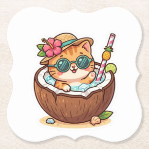 Söt Kawaii Kokos Katt Solglasögon Sommar BSticker Underlägg Papper