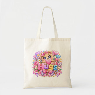 Söt Kawaii Kram Teddybjörn Pastell Rosa Blommig Kä Tygkasse
