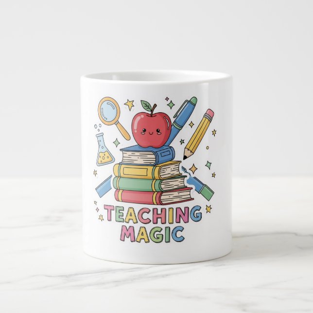 Söt Kawaii Lärare Magiböcker & Äpple Jumbo Mugg (Framsidan)