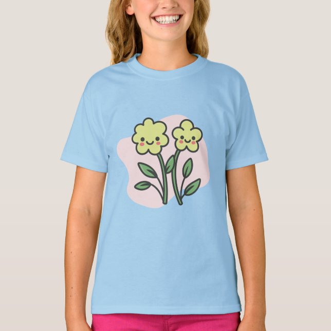 Söt Kawaii Leende Gula Blommor Barn T-Shirt (Framsida)