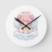 Söt Kawaii Lille Ängel Chibi Flicka Rund Väggklock