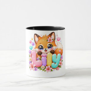 Söt Kawaii Lily Fox Namn Pastell Rosa Blommig Skog Mugg