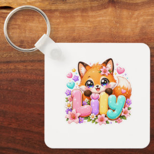 Söt Kawaii Lily Fox Namn Pastell Rosa Blommig Skog Nyckelring
