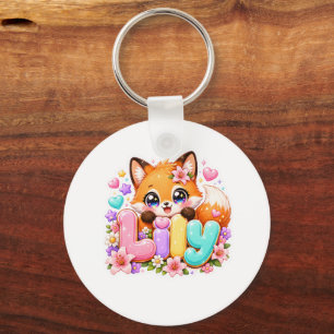 Söt Kawaii Lily Fox Namn Pastell Rosa Blommig Skog Nyckelring