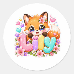 Söt Kawaii Lily Fox Namn Pastell Rosa Blommig Skog Runt Klistermärke