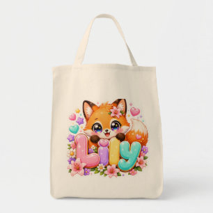 Söt Kawaii Lily Fox Namn Pastell Rosa Blommig Skog Tygkasse