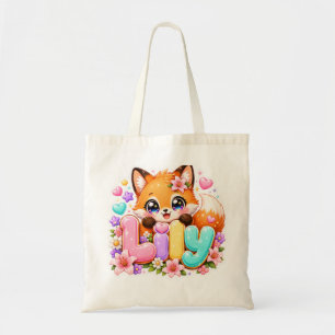 Söt Kawaii Lily Fox Namn Pastell Rosa Blommig Skog Tygkasse
