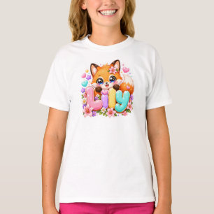Söt Kawaii Lily Fox Namn Pastell Rosa Blommig Trä T Shirt