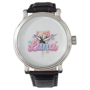 Söt Kawaii Luna Katt Namn Pastell Rosa Glittrande Armbandsur