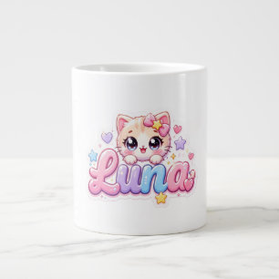 Söt Kawaii Luna Katt Namn Pastell Rosa Glittrande Jumbo Mugg