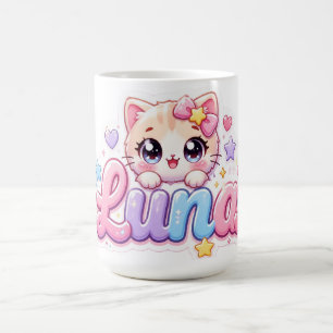 Söt Kawaii Luna Katt Namn Pastell Rosa Glittrande Kaffemugg