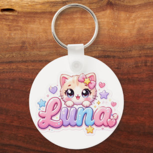 Söt Kawaii Luna Katt Namn Pastell Rosa Glittrande Nyckelring