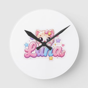 Söt Kawaii Luna Katt Namn Pastell Rosa Glittrande Rund Klocka
