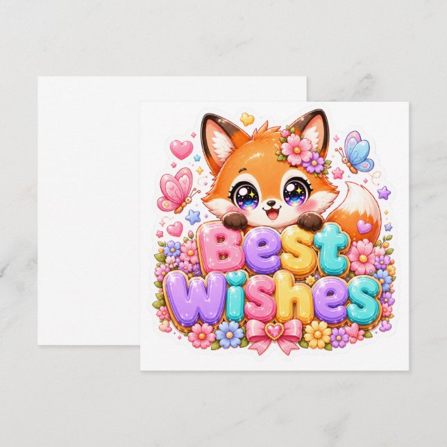 Söt Kawaii Lycka Fox Namn Pastell Rosa Flora Inbjudningar (Fram/baksida)