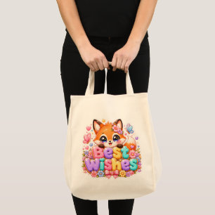 Söt Kawaii Lycka Fox Namn Pastell Rosa Flora Tygkasse