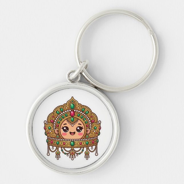 Söt Kawaii Marockansk Bröllopskrona Traditionell J Rund Silverfärgad Nyckelring (Framsidan)