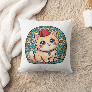 Söt Kawaii Marockansk Katt med Röd Tarboush Fez Ha Kudde