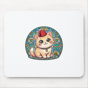 Söt Kawaii Marockansk Katt med Röd Tarboush Fez Ha Musmatta