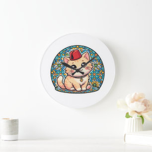 Söt Kawaii Marockansk Katt med Röd Tarboush Fez Ha Stor Klocka