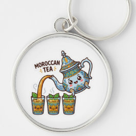Söt Kawaii marockansk mintté teapot och glas S Rund Silverfärgad Nyckelring