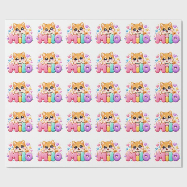 Söt Kawaii Milo Hund Namn Pastell Rosa Glittrande  Presentpapper (Platt)