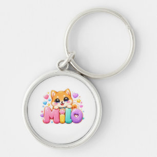 Söt Kawaii Milo Hund Namn Pastell Rosa Glittrande Rund Silverfärgad Nyckelring