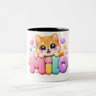 Söt Kawaii Milo Hund Namn Pastell Rosa Glittrande Två-Tonad Mugg