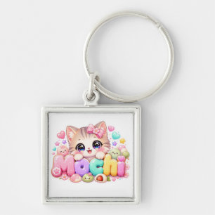 Söt Kawaii Mochi Katt Namn Pastell Rosa Glittrande Fyrkantig Silverfärgad Nyckelring