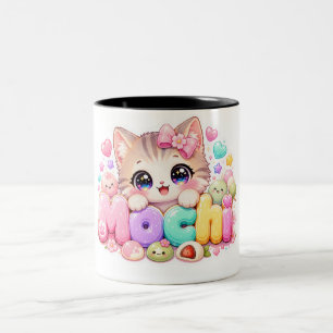 Söt Kawaii Mochi Katt Namn Pastell Rosa Glittrande Två-Tonad Mugg