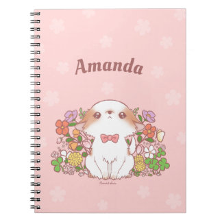 Söt Kawaii Mochi Pomchi med blommor Anpassat namn Anteckningsbok