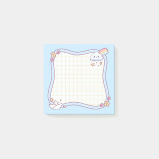 Söt Kawaii Moln Regnbåge Pastell Blå Rutnät Post-i Post-it Block