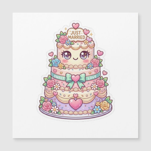 Söt Kawaii Nygift Bröllopstårta Pastell Fleur (Framsida)